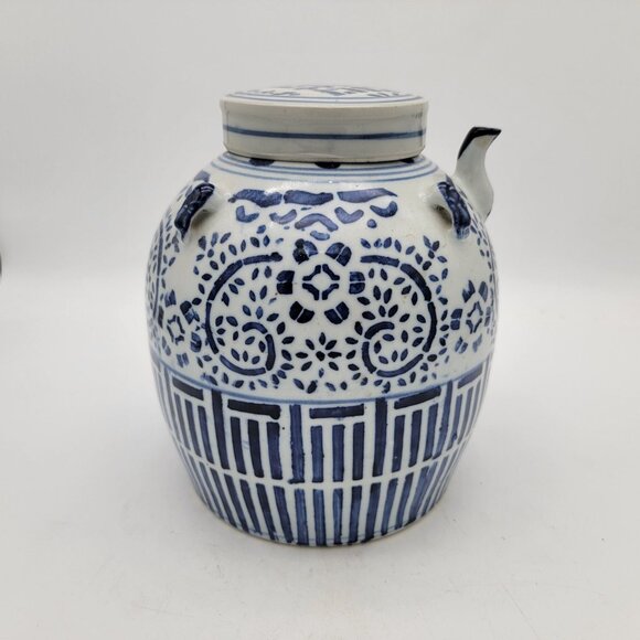 Vintage Chinese Blue & White Ceramic Water Jug Wine Pot w Spout - Picture 2 of 7